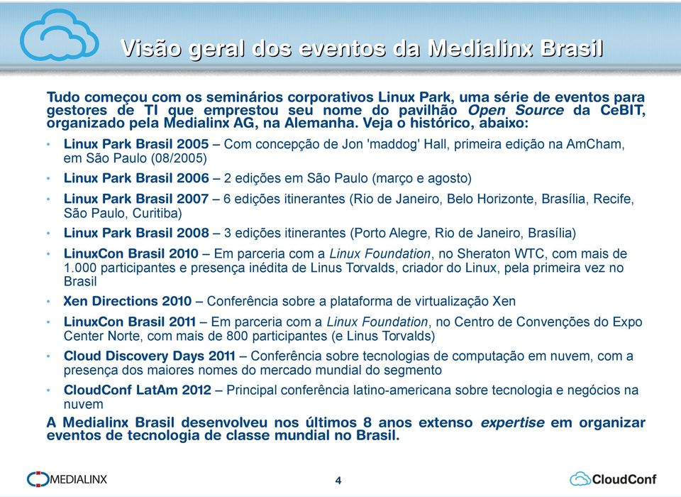 Veja o histórico, abaixo: Linux Park Brasil 2005 Com concepção de Jon 'maddog' Hall, primeira edição na AmCham, em São Paulo (08/2005) Linux Park Brasil 2006 2 edições em São Paulo (março e agosto)