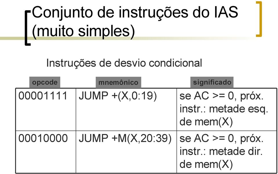 +(X,0:19) se AC >= 0, próx. instr.: metade esq.