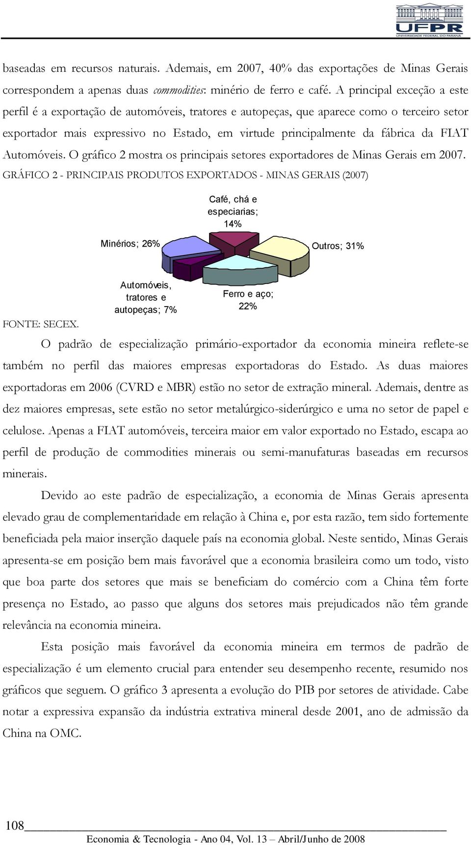 FIAT Automóveis. O gráfico 2 mostra os principais setores exportadores de Minas Gerais em 2007.