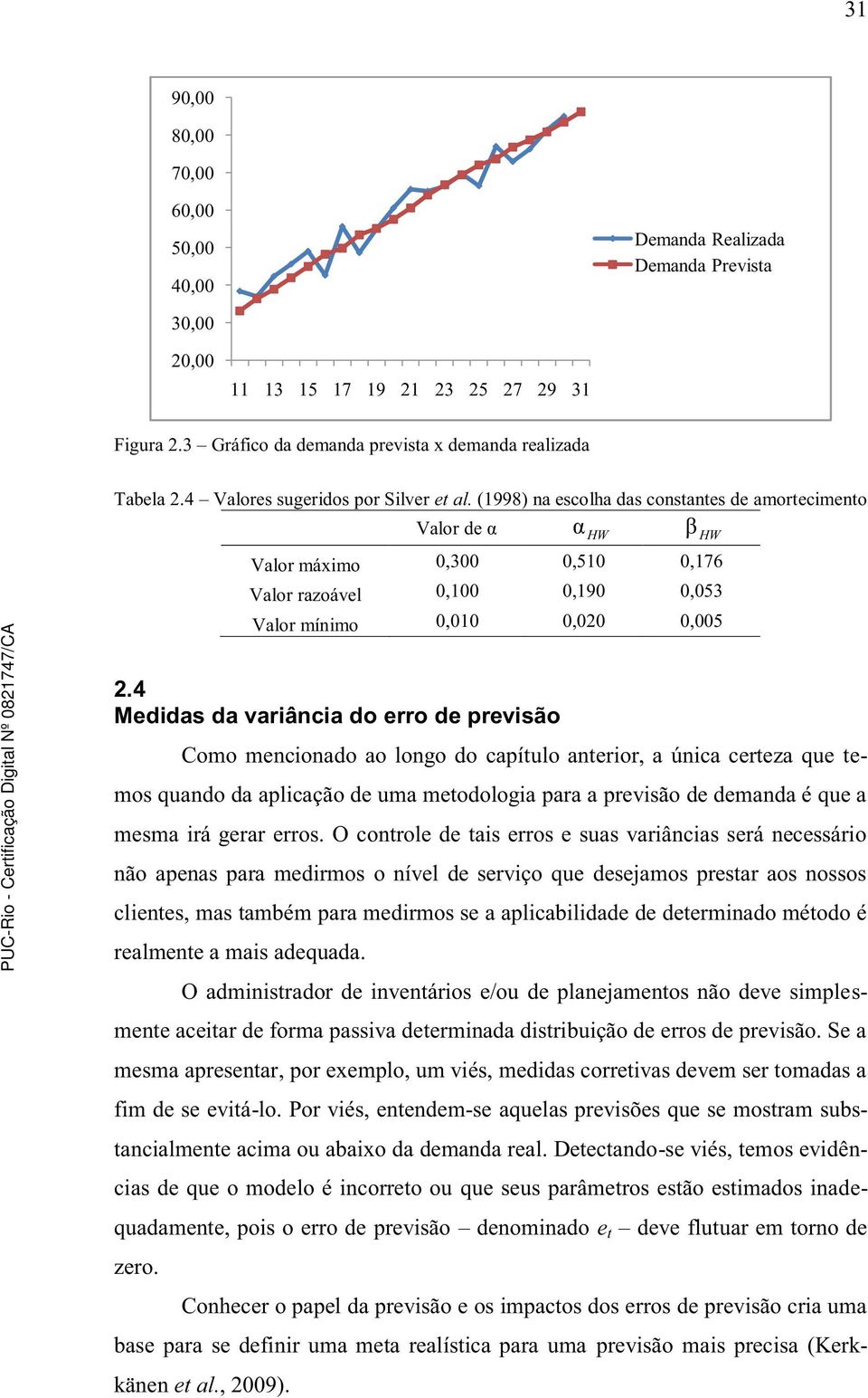 4 Medidas da variâcia do erro de previsão Como mecioado ao logo do capíulo aerior, a úica cereza que emos quado da aplicação de uma meodologia para a previsão de demada é que a mesma irá gerar erros.