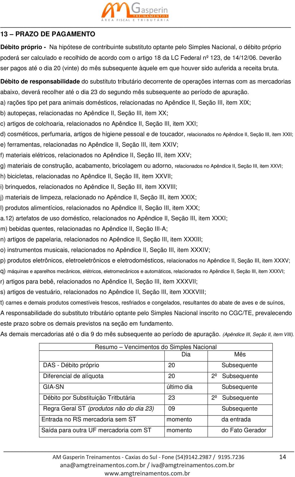 Débito de responsabilidade do substituto tributário decorrente de operações internas com as mercadorias abaixo, deverá recolher até o dia 23 do segundo mês subsequente ao período de apuração.