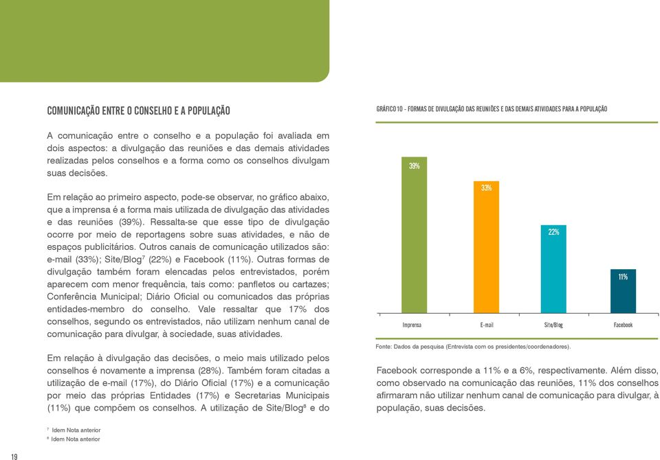 Em relação ao primeiro aspecto, pode-se observar, no gráfico abaixo, que a imprensa é a forma mais utilizada de divulgação das atividades e das reuniões (39%).