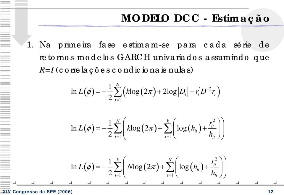 assumindo que R=I (correlações condicionais nulas) ln L( φ) = klog ( π) + log D + r D r