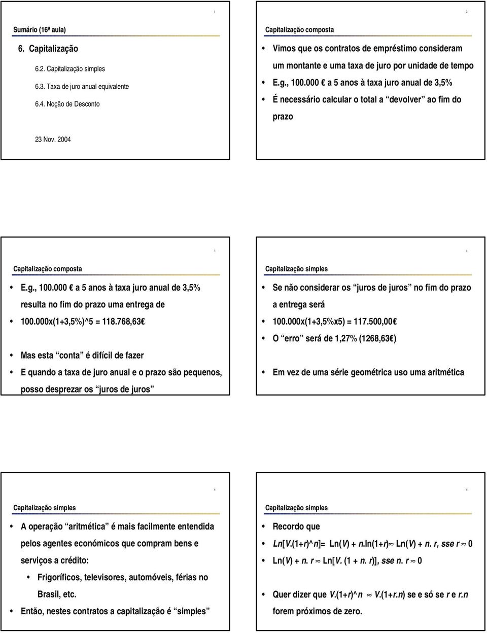 000 a 5 anos à taxa juro anual de 3,5% É necessário calcular o total a devolver ao fim do prazo 23 Nov. 2004 3 4 Capitalização composta E.g., 100.