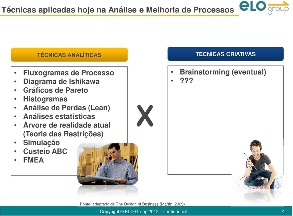 Perdas (Lean) Análises estatísticas Árvore de realidade atual (Teoria das Restrições) Simulação