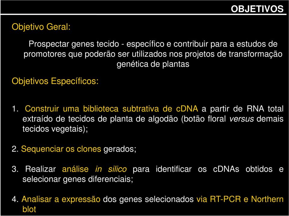 Construir uma biblioteca subtrativa de cdna a partir de RNA total extraído de tecidos de planta de algodão (botão floral versus demais