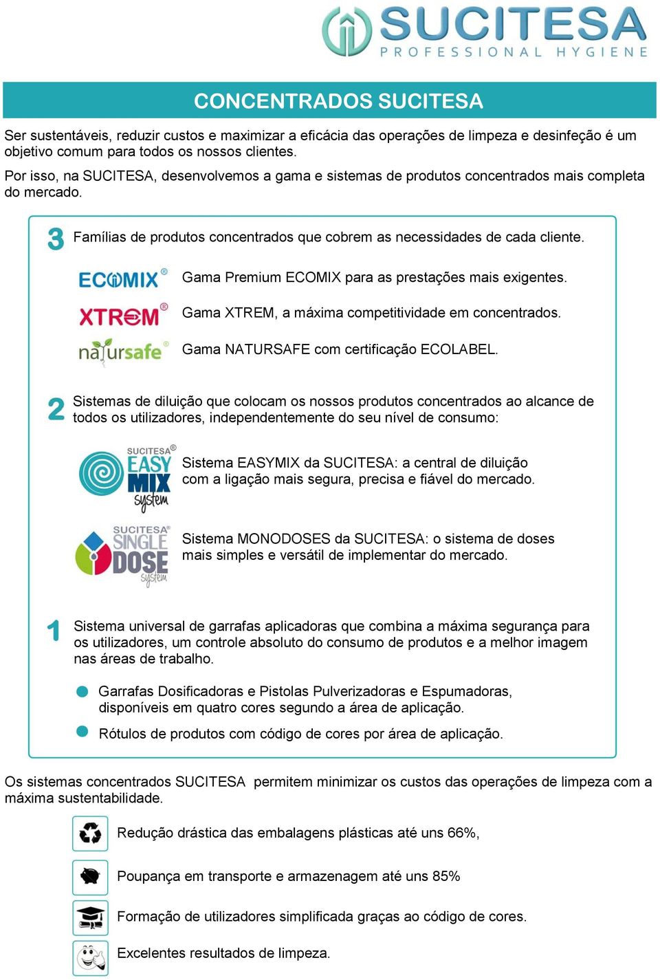 Gama Premium ECOMIX para as prestações mais exigentes. Gama XTREM, a máxima competitividade em concentrados. Gama NATURSAFE com certificação ECOLABEL.