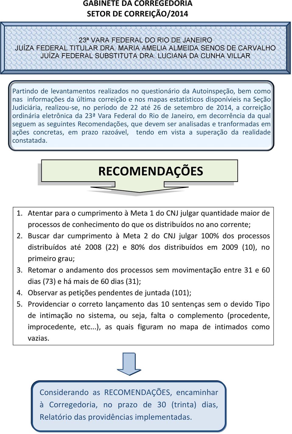 realizou-se, no período de 22 até 26 de setembro de 2014, a correição ordinária eletrônica da 23ª Vara Federal do Rio de Janeiro, em decorrência da qual seguem as seguintes Recomendações, que devem