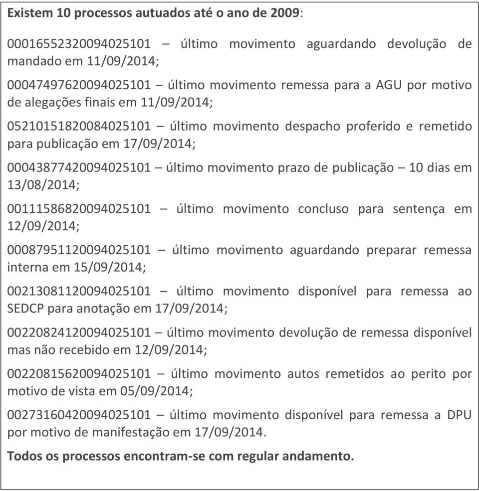 10 dias em 13/08/2014; 00111586820094025101 último movimento concluso para sentença em 12/09/2014; 00087951120094025101 último movimento aguardando preparar remessa interna em 15/09/2014;