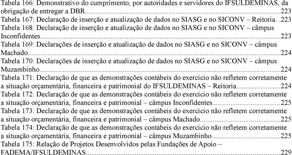 ..223 Tabela 169: Declarações de inserção e atualização de dados no SIASG e no SICONV câmpus...224 Tabela 170: Declarações de inserção e atualização de dados no SIASG e no SICONV câmpus.