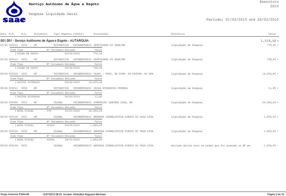 SAAE/BM Liquidação da Despesa 748,42 + 1 FOLHA DE PAGTO 05/02/ 748,42 08/02 000006 0001 NF ESTIMATIVA ORCAMENTARIO PASEP - PROG. DE FORM. DO PATRIM. DO SER Liquidação da Despesa 18.