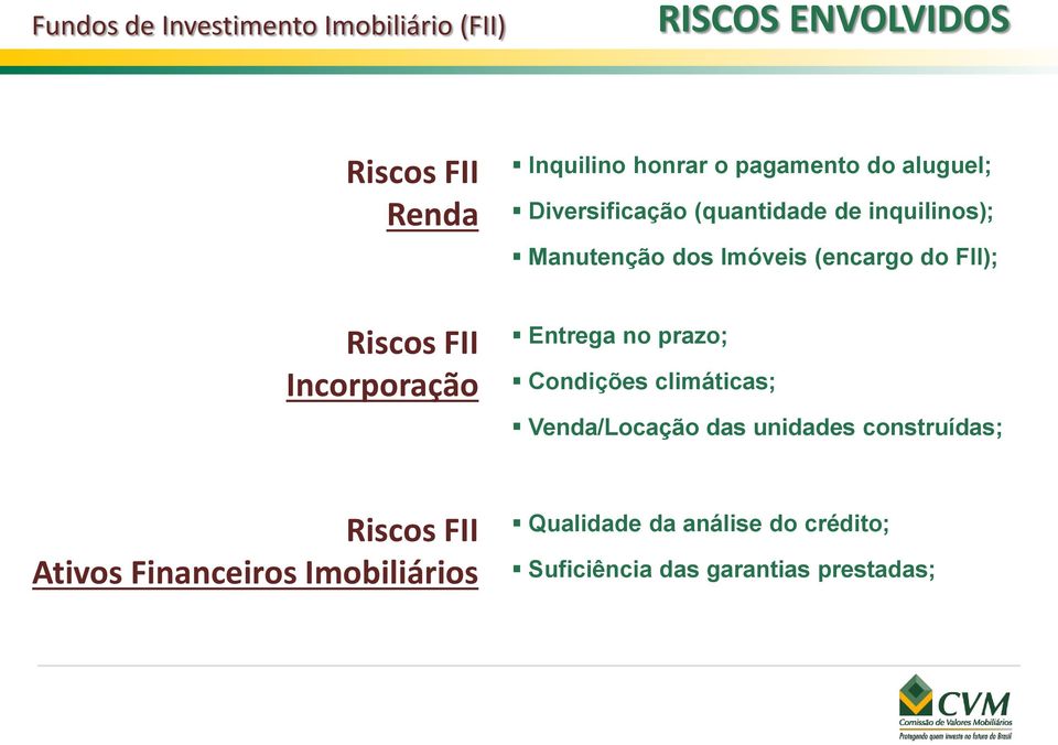 Entrega no prazo; Condições climáticas; Venda/Locação das unidades construídas; Riscos FII