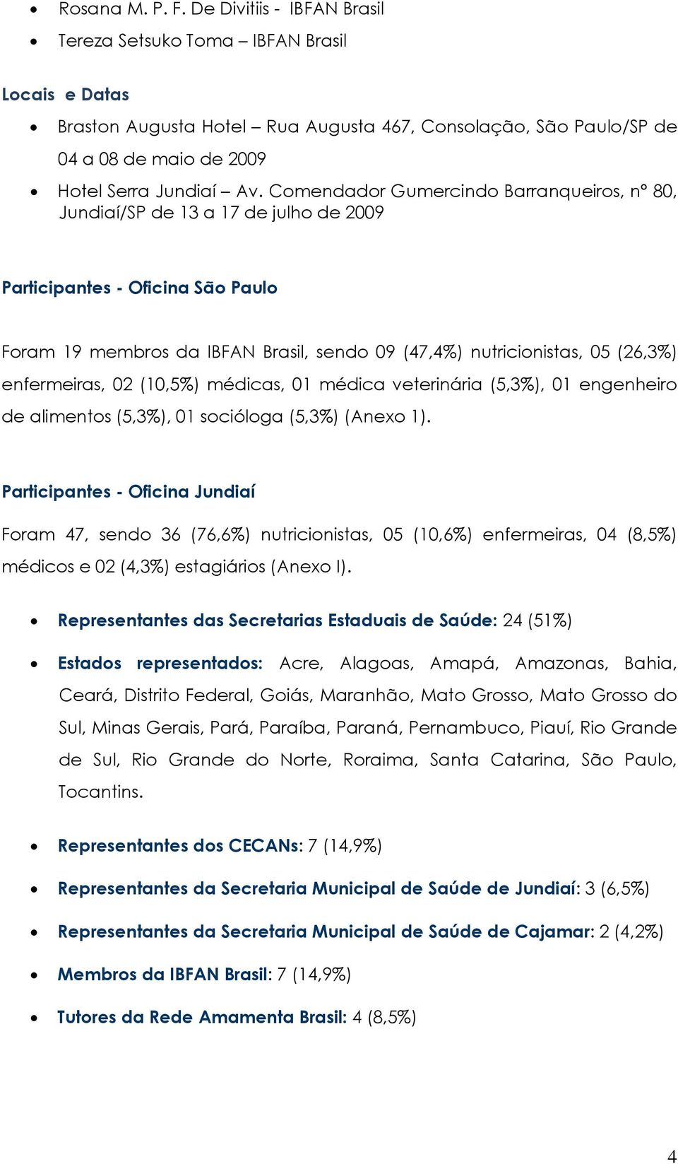 Comendador Gumercindo Barranqueiros, n 80, Jundiaí/SP de 13 a 17 de julho de 2009 Participantes - Oficina São Paulo Foram 19 membros da IBFAN Brasil, sendo 09 (47,4%) nutricionistas, 05 (26,3%)