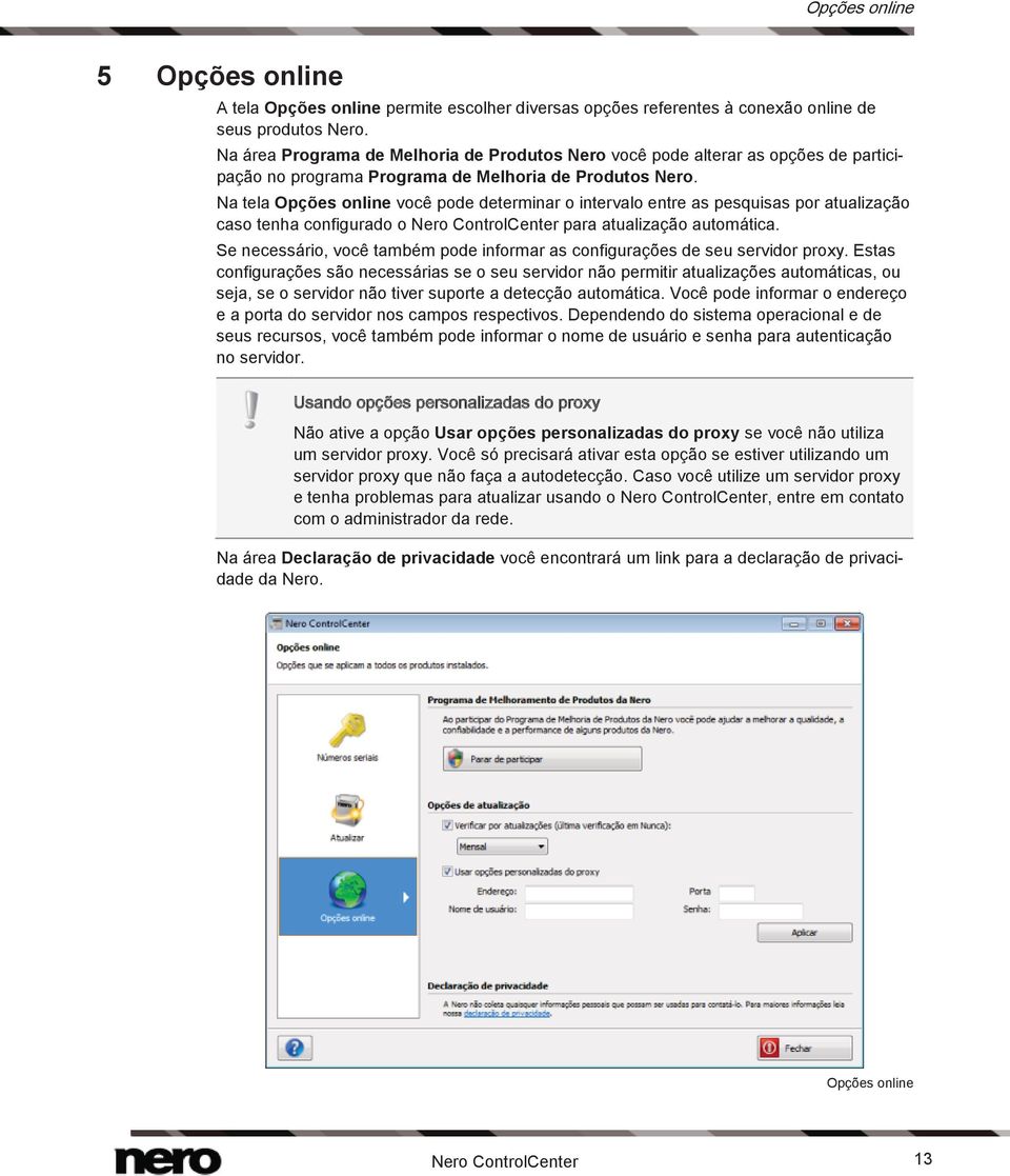 Na tela Opções online você pode determinar o intervalo entre as pesquisas por atualização caso tenha configurado o Nero ControlCenter para atualização automática.