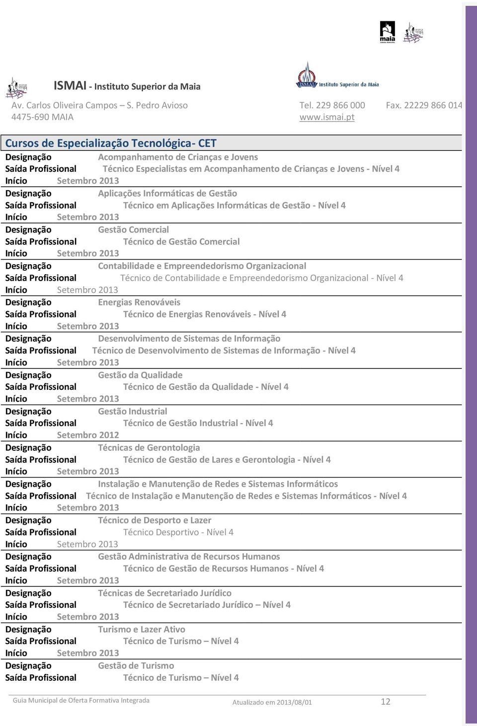 Informáticas de Gestão Saída Profissional Técnico em Aplicações Informáticas de Gestão - Nível 4 Setembro 2013 Gestão Comercial Saída Profissional Técnico de Gestão Comercial Setembro 2013