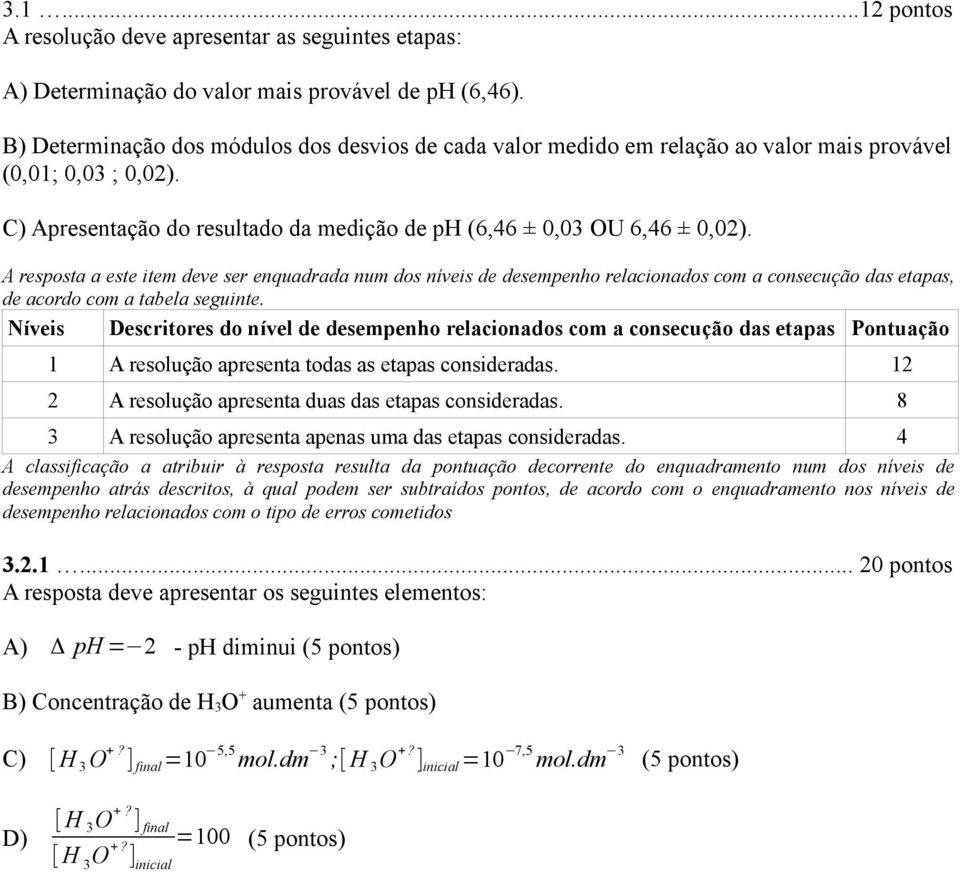 A resposta a este item deve ser enquadrada num dos níveis de desempenho relacionados com a consecução das etapas, de acordo com a tabela seguinte.