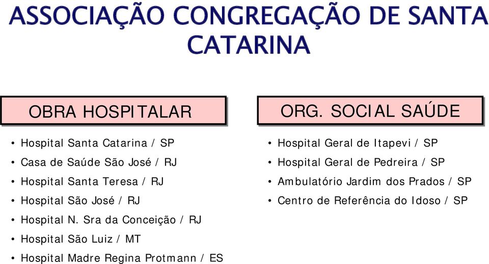 Sra da Conceição / RJ Hospital São Luiz / MT Hospital Madre Regina Protmann / ES ORG.