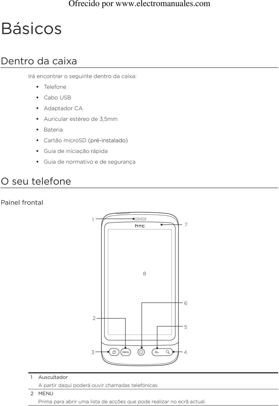 normativo e de segurança O seu telefone Painel frontal 1 7 8 6 2 5 3 4 1 Auscultador A partir daqui