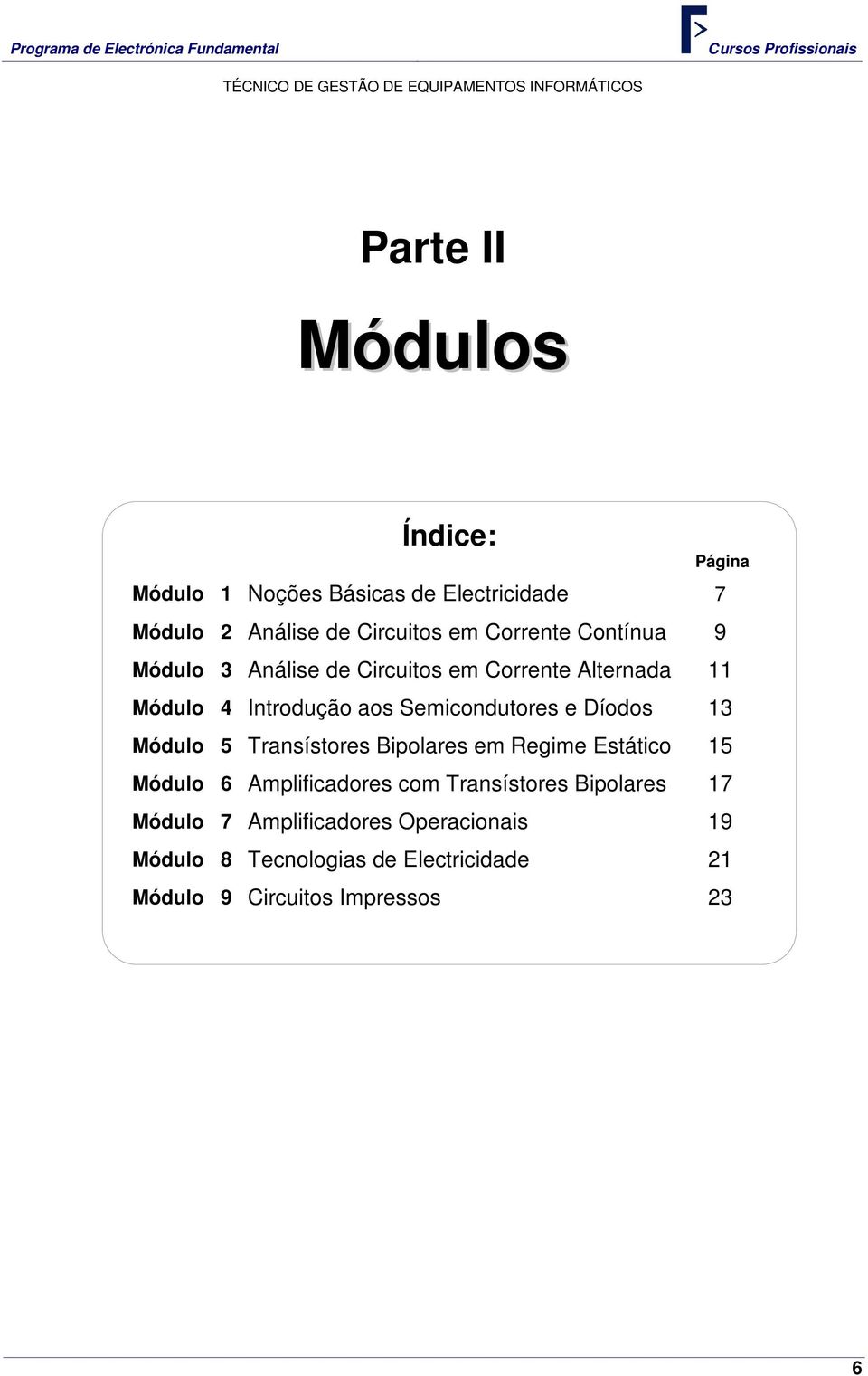 e Díodos 13 Módulo 5 Transístores Bipolares em Regime Estático 15 Módulo 6 Amplificadores com Transístores