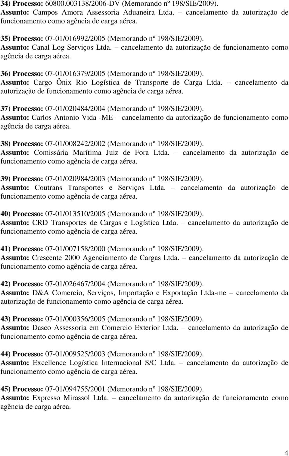 cancelamento da autorização de funcionamento como 36) Processo: 07-01/016379/2005 (Memorando nº 198/SIE/2009). Assunto: Cargo Ônix Rio Logística de Transporte de Carga Ltda.