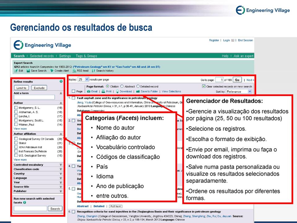 Gerenciador de Resultados: Gerencie a visualização dos resultados por página (25, 50 ou 100 resultados) Selecione os registros.