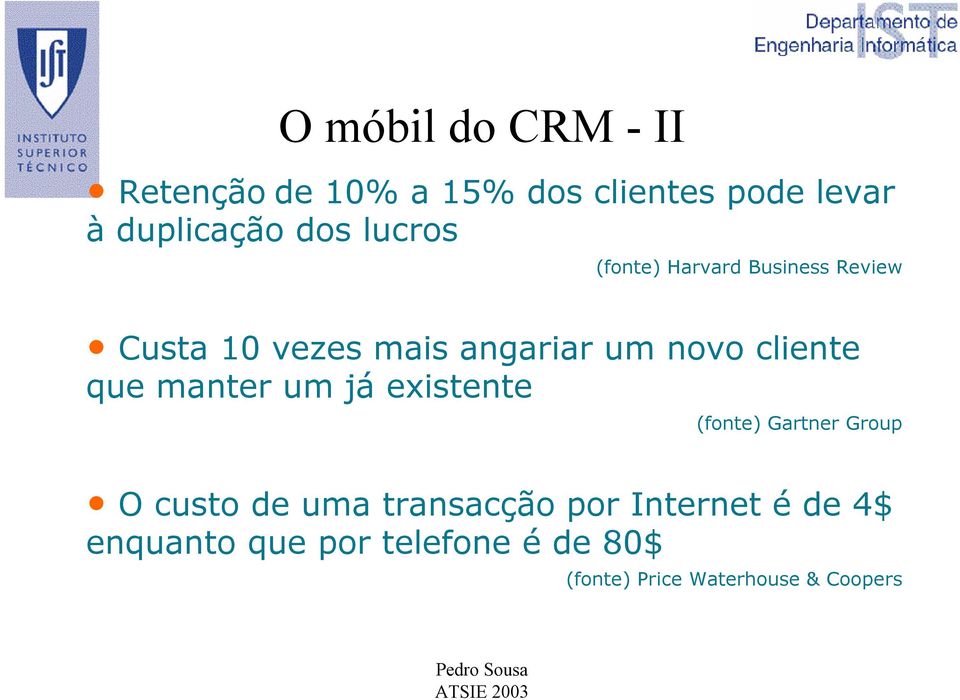 cliente que manter um já existente (fonte) Gartner Group O custo de uma transacção