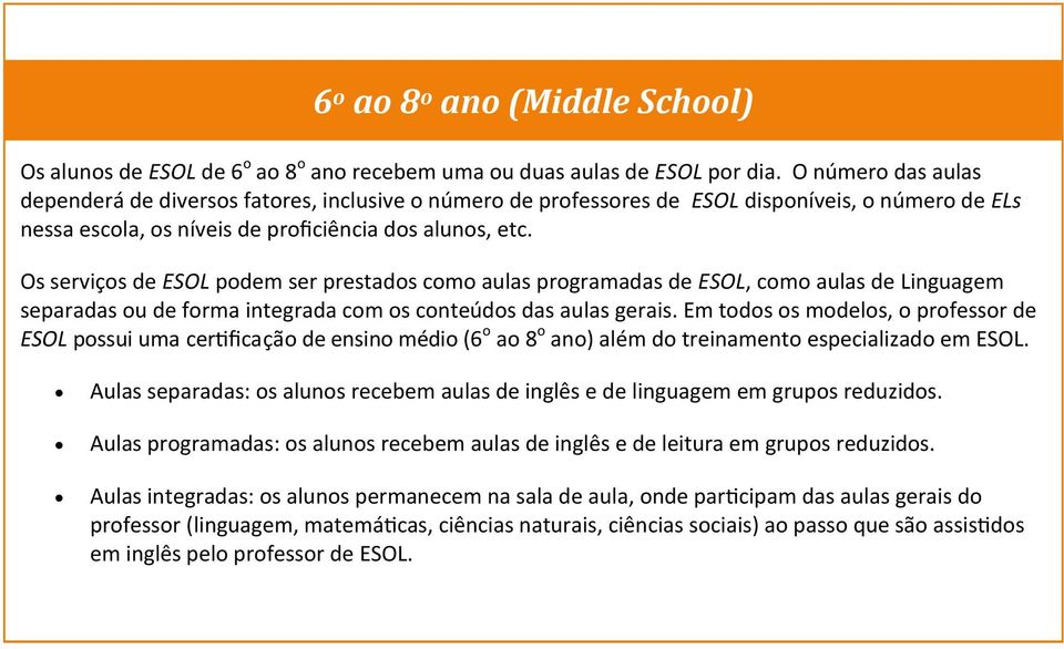 Os serviços de ESOL podem ser prestados como aulas programadas de ESOL, como aulas de Linguagem separadas ou de forma integrada com os conteúdos das aulas gerais.