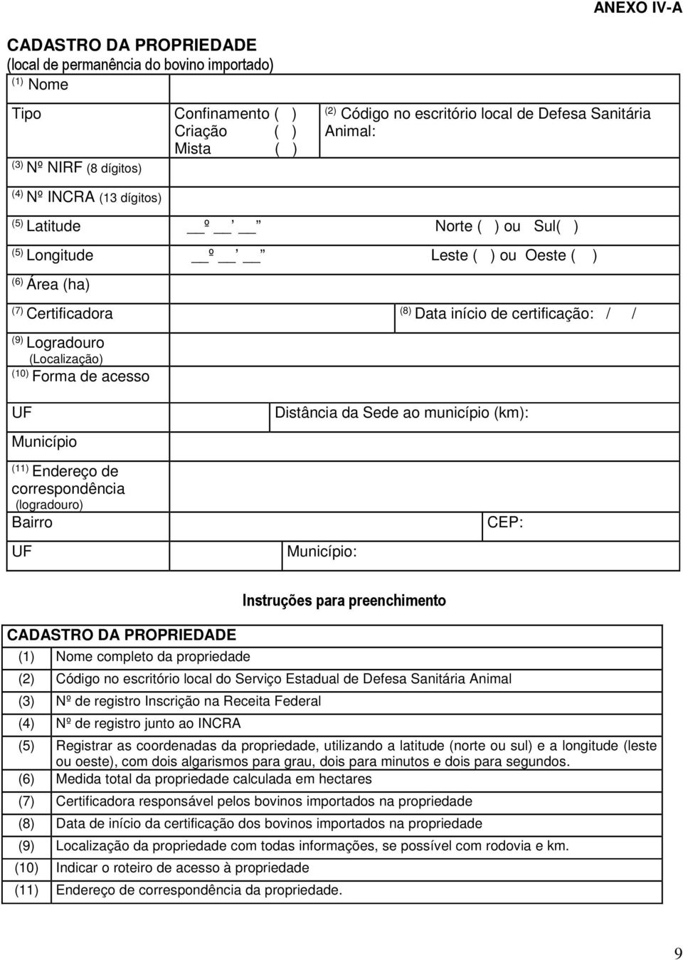 Logradouro (Localização) (10) Forma de acesso UF Município (11) Endereço de correspondência (logradouro) Bairro UF Distância da Sede ao município (km): Município: CEP: CADASTRO DA PROPRIEDADE (1)