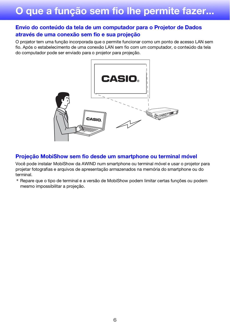 acesso LAN sem fio. Após o estabelecimento de uma conexão LAN sem fio com um computador, o conteúdo da tela do computador pode ser enviado para o projetor para projeção.