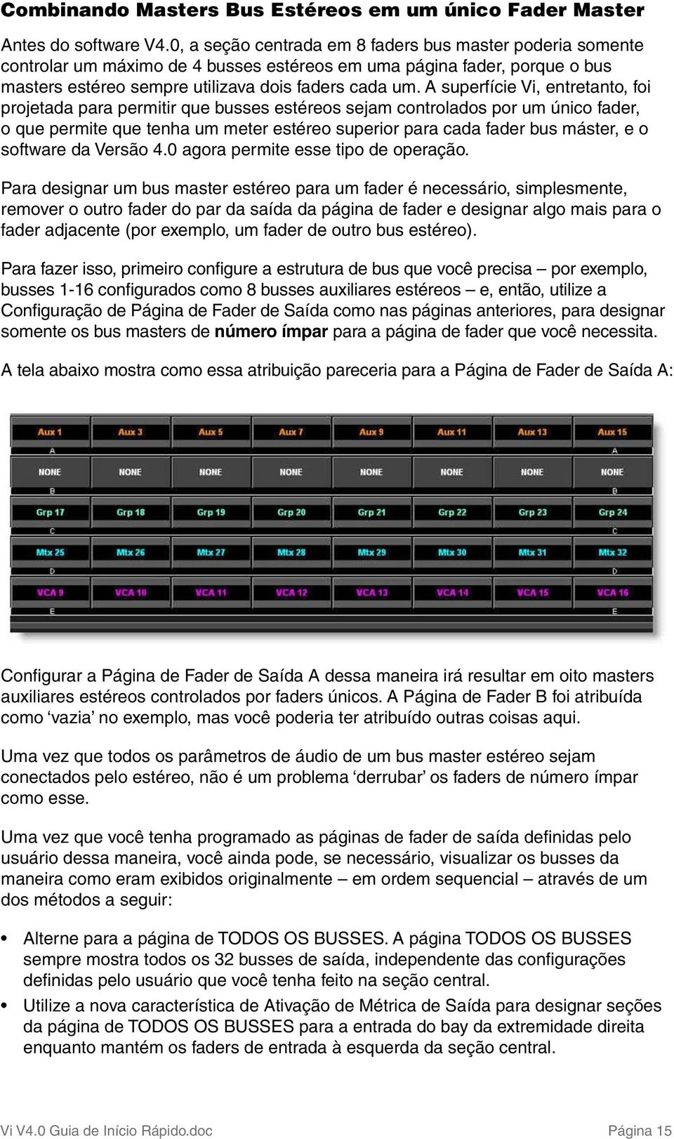 A superfície Vi, entretanto, foi projetada para permitir que busses estéreos sejam controlados por um único fader, o que permite que tenha um meter estéreo superior para cada fader bus máster, e o