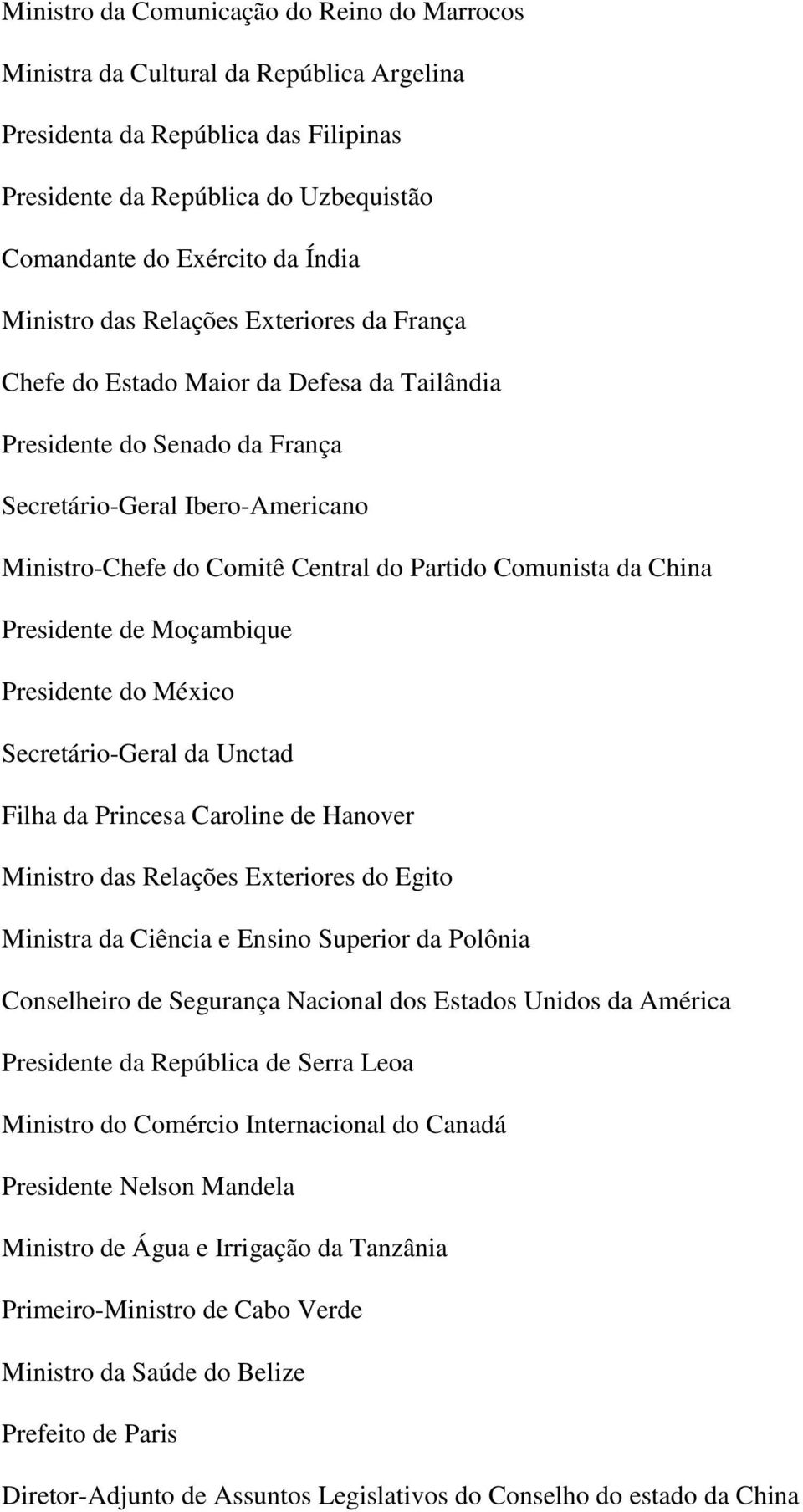 Comunista da China Presidente de Moçambique Presidente do México Secretário-Geral da Unctad Filha da Princesa Caroline de Hanover Ministro das Relações Exteriores do Egito Ministra da Ciência e