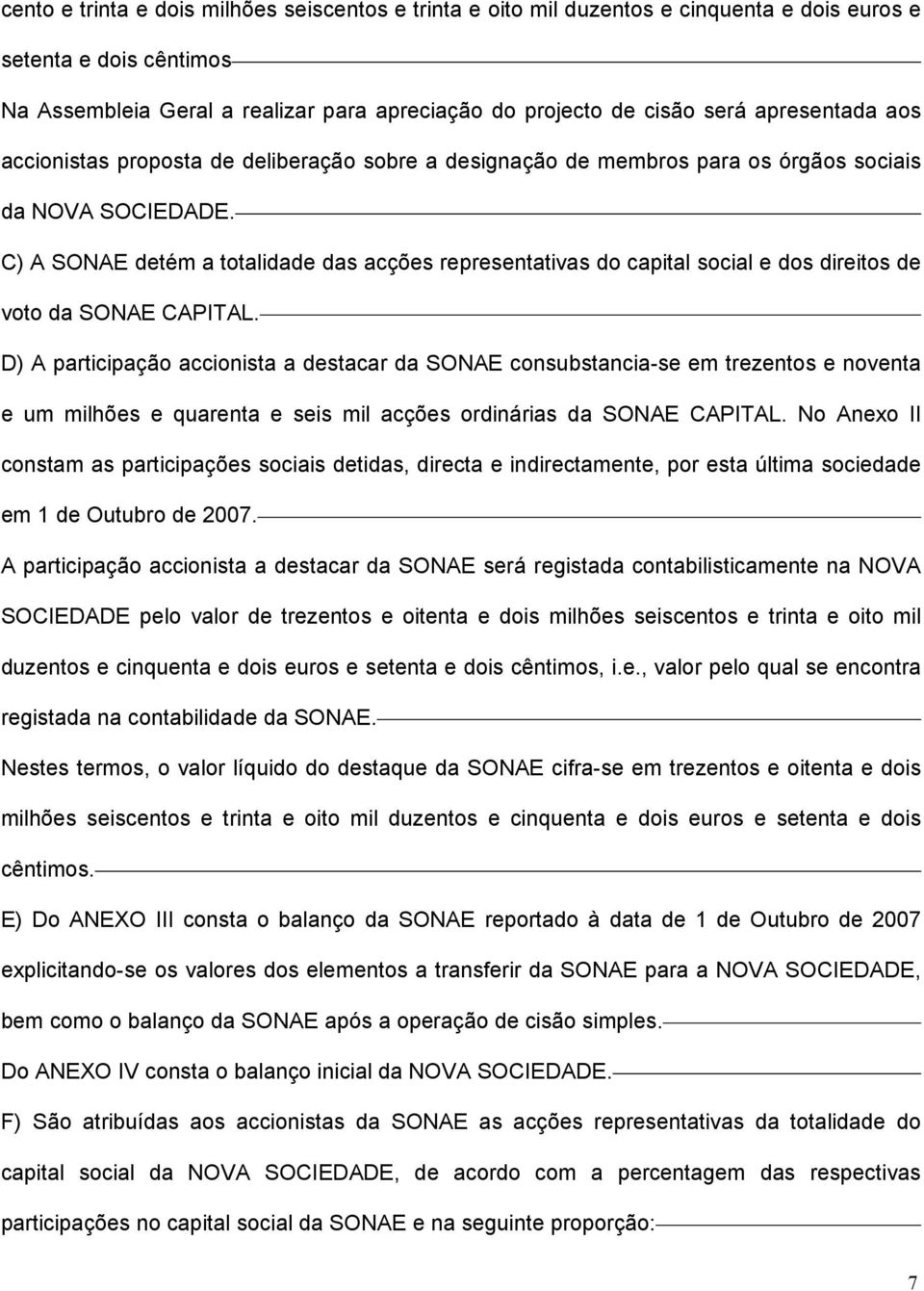 C) A SONAE detém a totalidade das acções representativas do capital social e dos direitos de voto da SONAE CAPITAL.