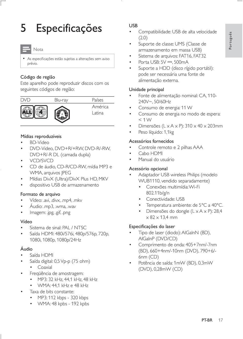 dispositivo USB de armazenamento Formato de arquivo Vídeo:.avi,.divx,.mp4,.mkv Áudio:.mp3,.wma,.wav Imagem:.jpg,.gif,.