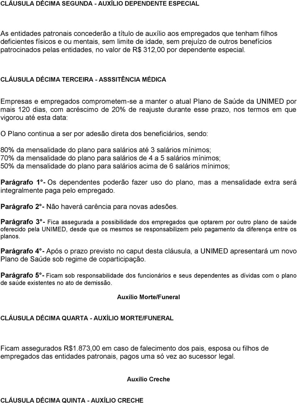 CLÁUSULA DÉCIMA TERCEIRA - ASSSITÊNCIA MÉDICA Empresas e empregados comprometem-se a manter o atual Plano de Saúde da UNIMED por mais 120 dias, com acréscimo de 20% de reajuste durante esse prazo,