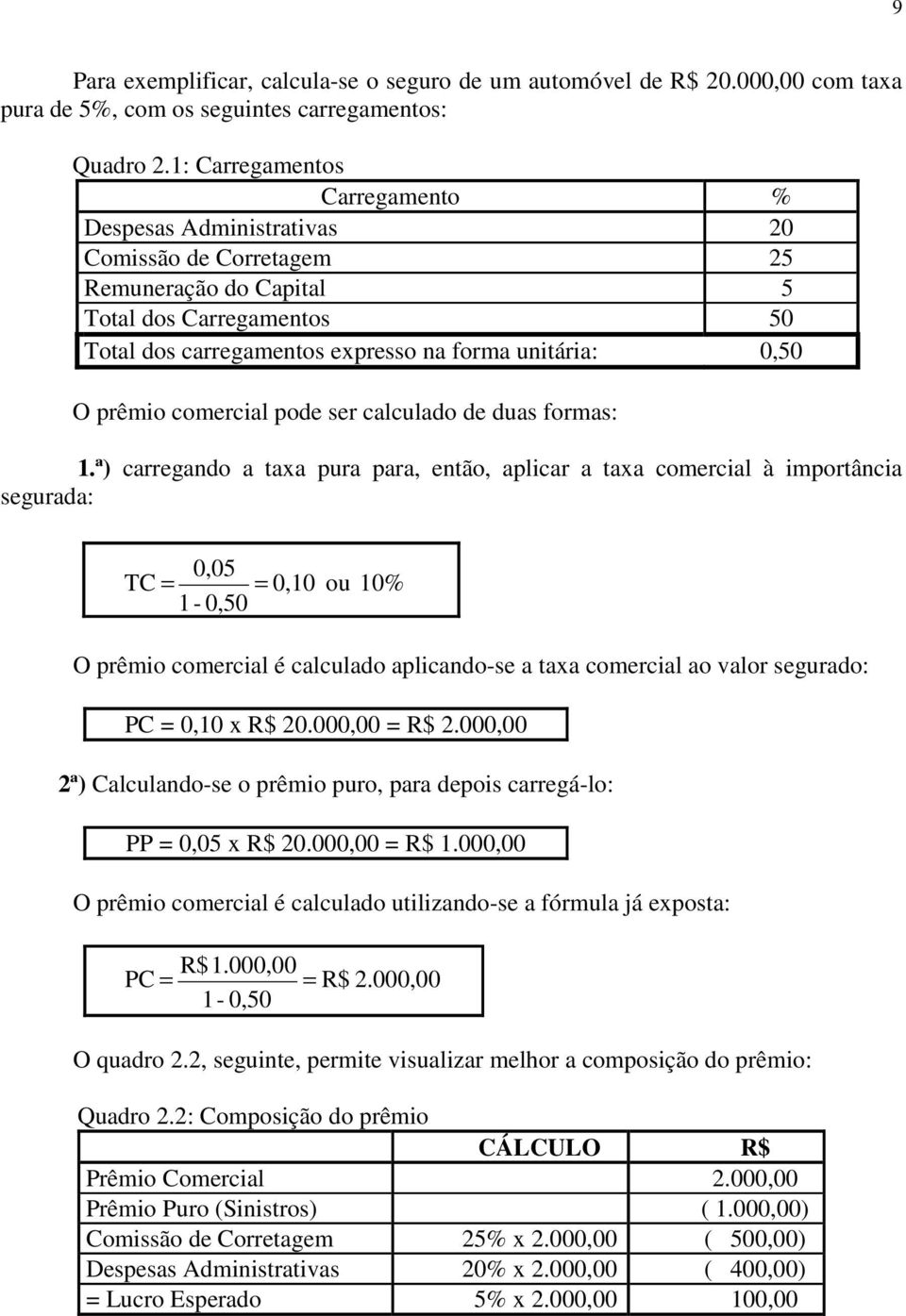 prêmio comercial pode ser calculado de duas formas: 1.