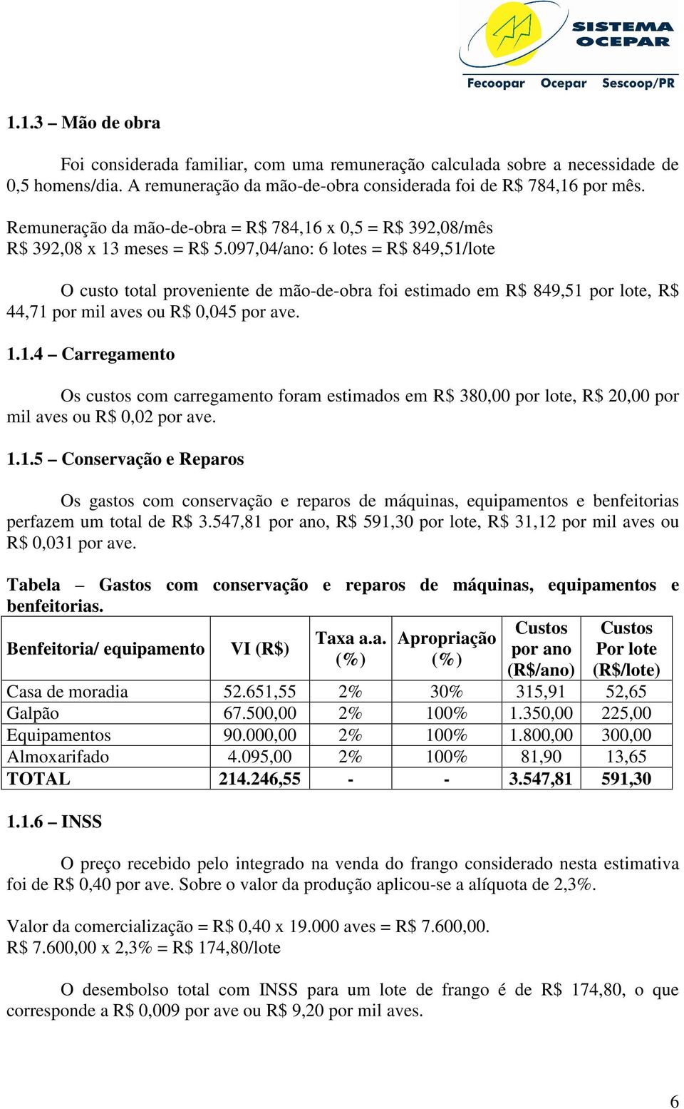 097,04/ano: 6 lotes = R$ 849,51/lote O custo total proveniente de mão-de-obra foi estimado em R$ 849,51 por lote, R$ 44,71 por mil aves ou R$ 0,045 por ave. 1.1.4 Carregamento Os custos com carregamento foram estimados em R$ 380,00 por lote, R$ 20,00 por mil aves ou R$ 0,02 por ave.