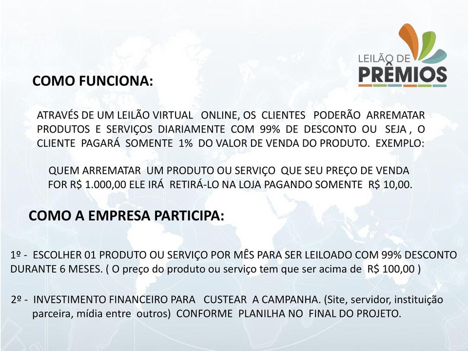 COMO A EMPRESA PARTICIPA: 1º - ESCOLHER 01 PRODUTO OU SERVIÇO POR MÊS PARA SER LEILOADO COM 99% DESCONTO DURANTE 6 MESES.