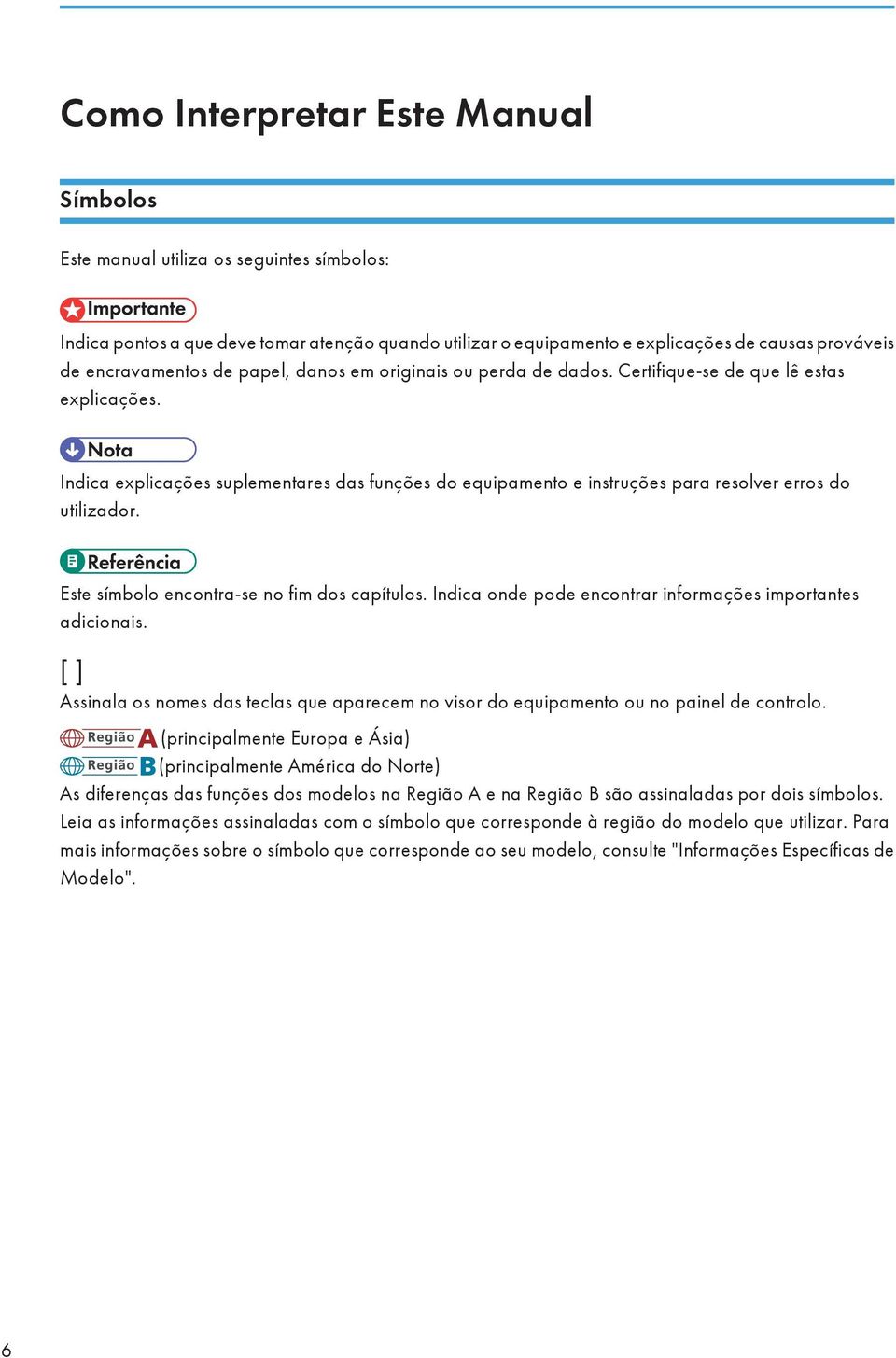 Indica explicações suplementares das funções do equipamento e instruções para resolver erros do utilizador. Este símbolo encontra-se no fim dos capítulos.