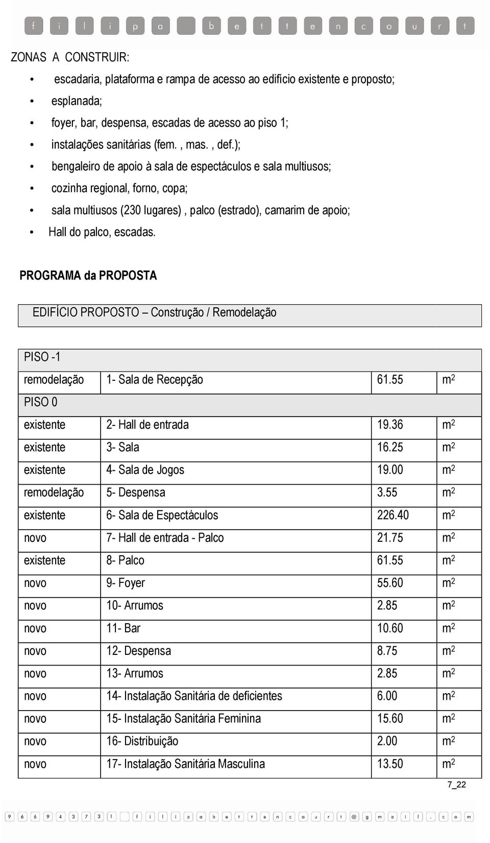 PROGRAMA da PROPOSTA EDIFÍCIO PROPOSTO Construção / Remodelação PISO -1 remodelação 1- Sala de Recepção 61.55 m 2 PISO 0 existente 2- Hall de entrada 19.36 m 2 existente 3- Sala 16.