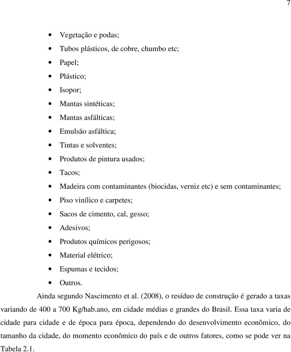 Espumas e tecidos; Outros. Ainda segundo Nascimento et al. (2008), o resíduo de construção é gerado a taxas variando de 400 a 700 Kg/hab.ano, em cidade médias e grandes do Brasil.