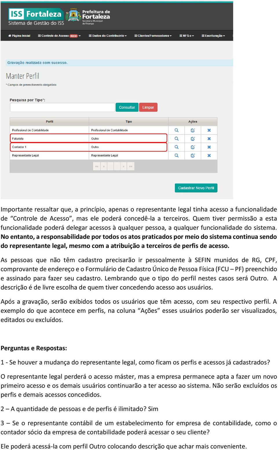 No entanto, a responsabilidade por todos os atos praticados por meio do sistema continua sendo do representante legal, mesmo com a atribuição a terceiros de perfis de acesso.