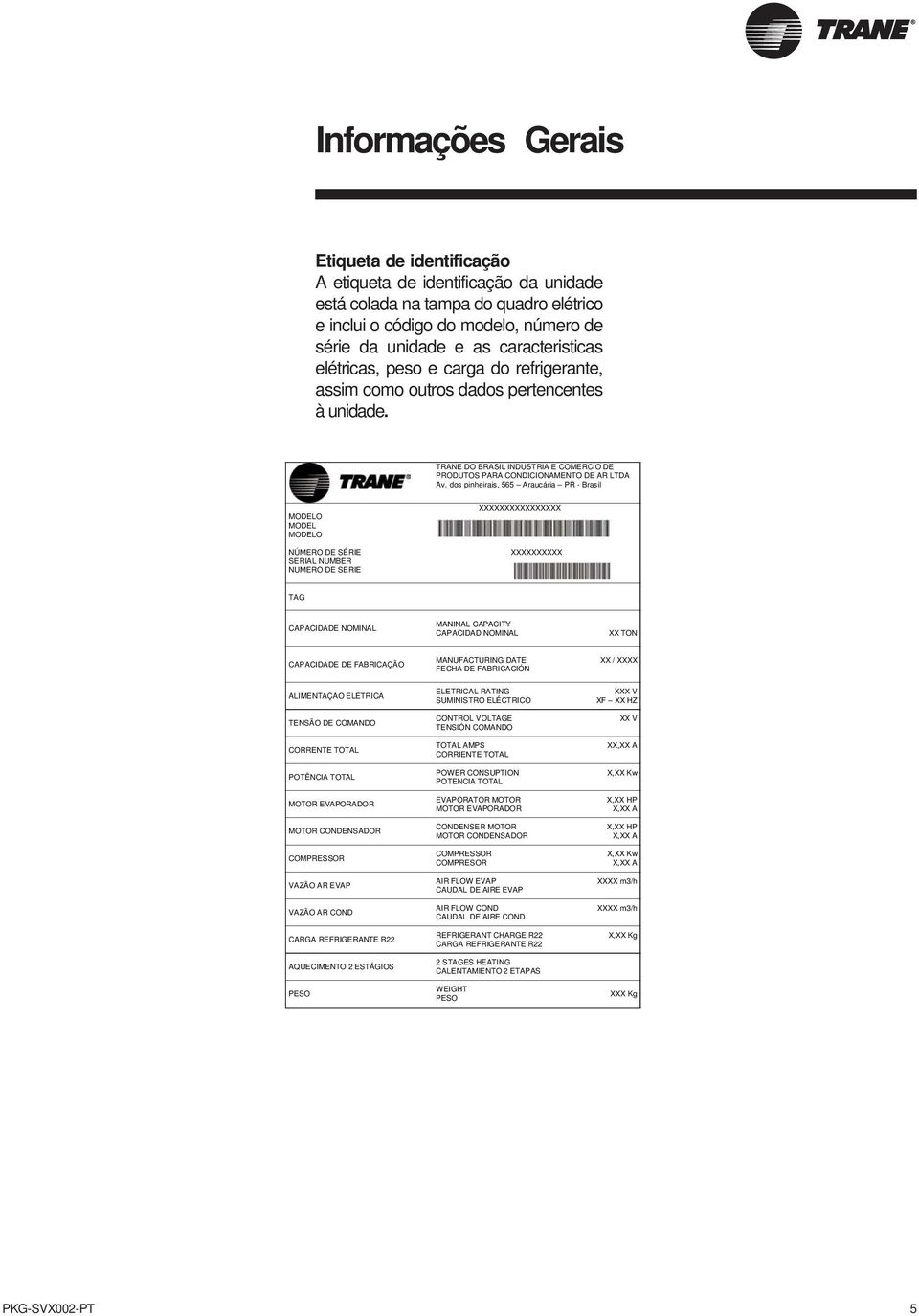 dos pinheirais, 565 Araucária PR - Brasil MODELO MODEL MODELO NÚMERO DE SÉRIE SERIAL NUMBER NUMERO DE SERIE XXXXXXXXXXXXXXXX XXXXXXXXXX TAG CAPACIDADE NOMINAL MANINAL CAPACITY CAPACIDAD NOMINAL XX