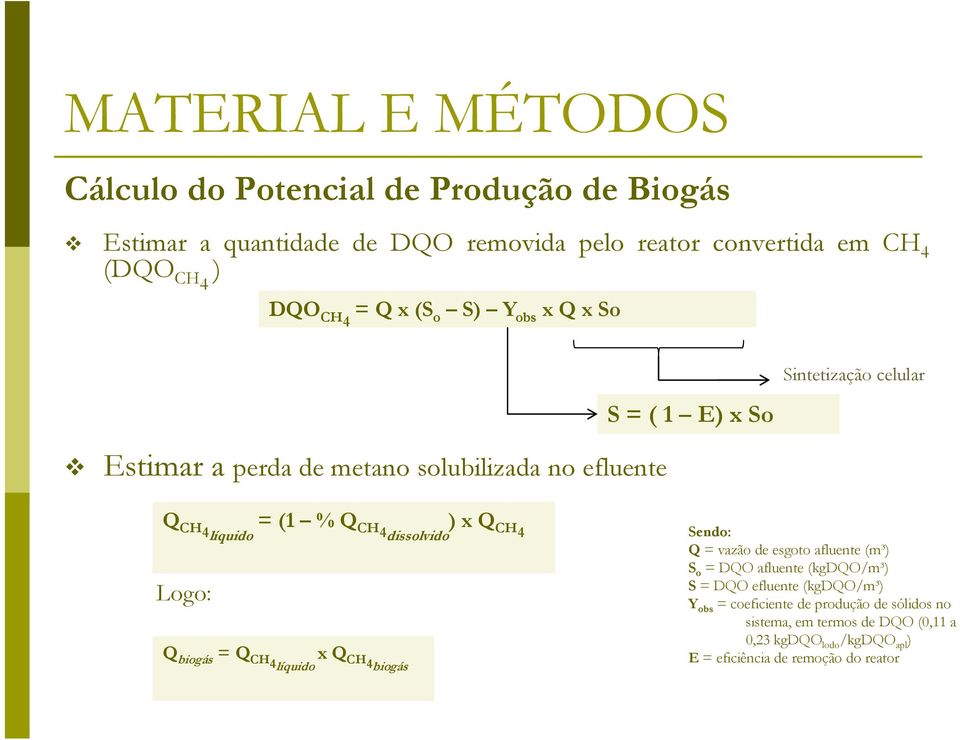 dissolvido ) x Q CH 4 Logo: Q biogás = Q CH4 líquido x Q CH 4 biogás Sendo: Q = vazão de esgoto afluente (m³) S o = DQO afluente (kgdqo/m³) S = DQO