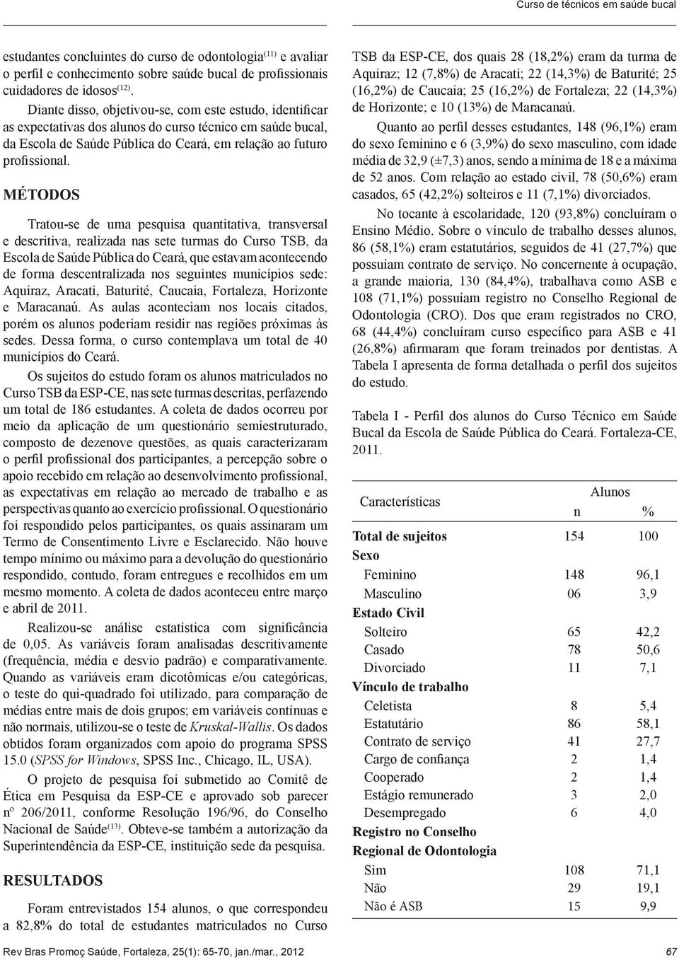 MÉTODOS Tratou-se de uma pesquisa quantitativa, transversal e descritiva, realizada nas sete turmas do Curso TSB, da Escola de Saúde Pública do Ceará, que estavam acontecendo de forma descentralizada