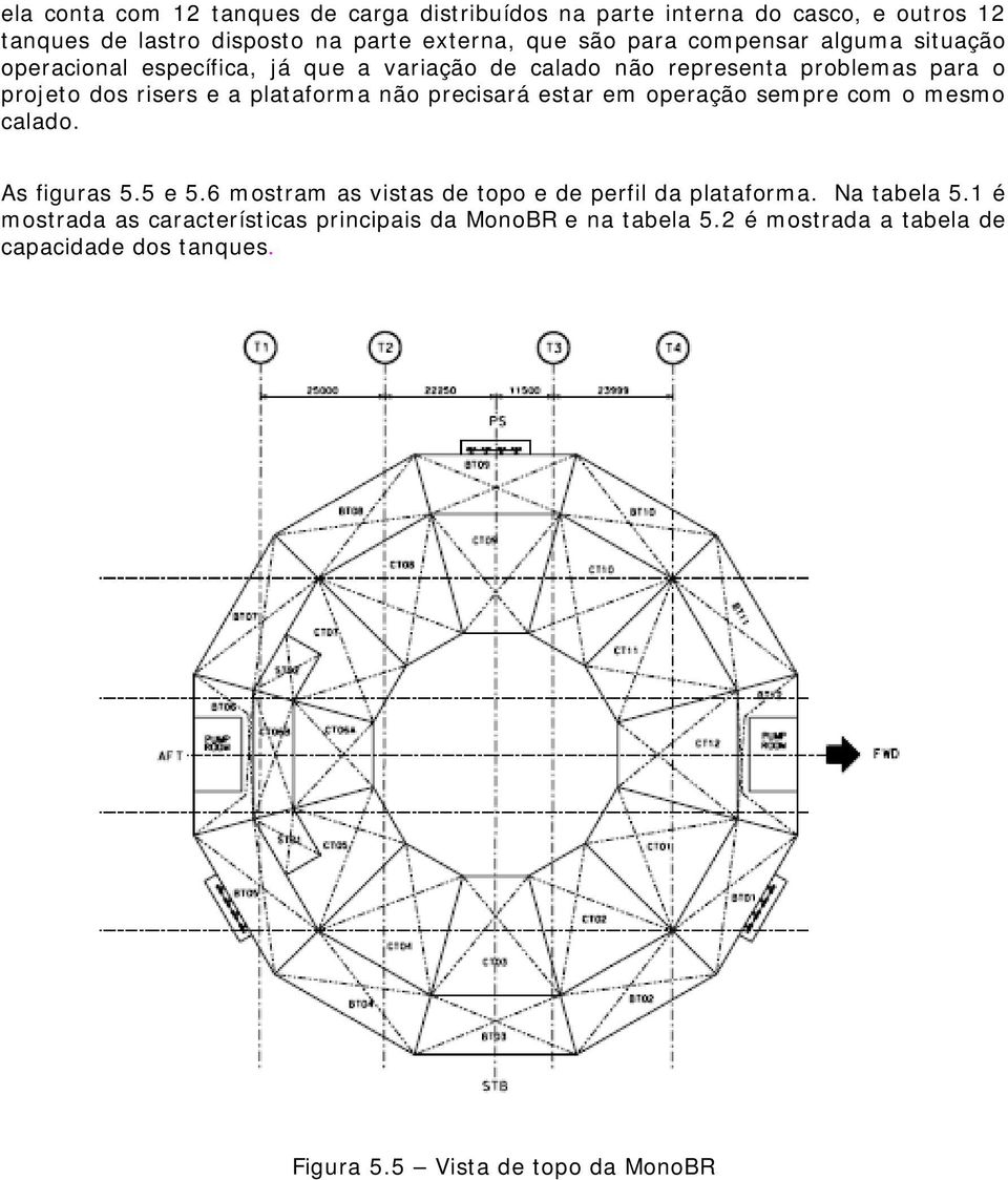 não precisará estar em operação sempre com o mesmo calado. As figuras 5.5 e 5.6 mostram as vistas de topo e de perfil da plataforma. Na tabela 5.