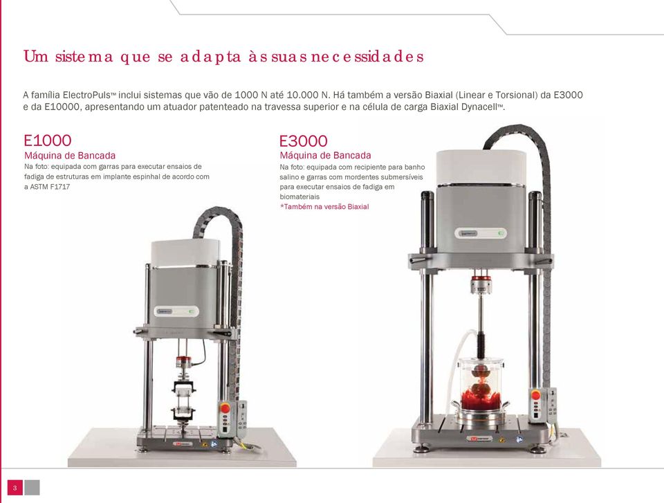 Há também a versão Biaxial (Linear e Torsional) da E3000 e da E10000, apresentando um atuador patenteado na travessa superior e na célula de carga