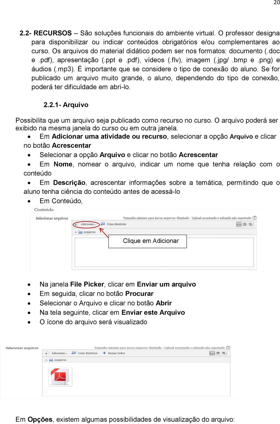 É importante que se considere o tipo de conexão do aluno. Se for publicado um arquivo muito grande, o aluno, dependendo do tipo de conexão, poderá ter dificuldade em abri-lo. 2.