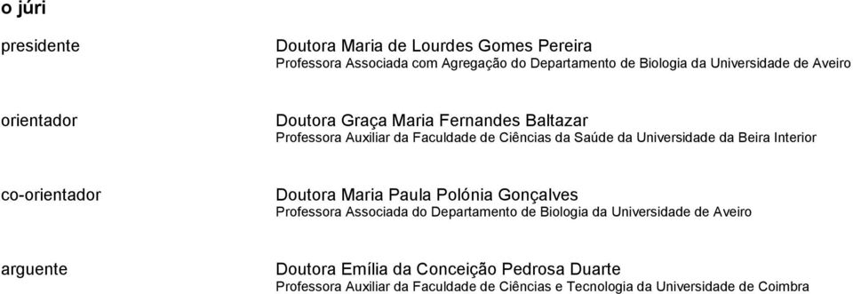 Beira Interior co-orientador Doutora Maria Paula Polónia Gonçalves Professora Associada do Departamento de Biologia da Universidade de