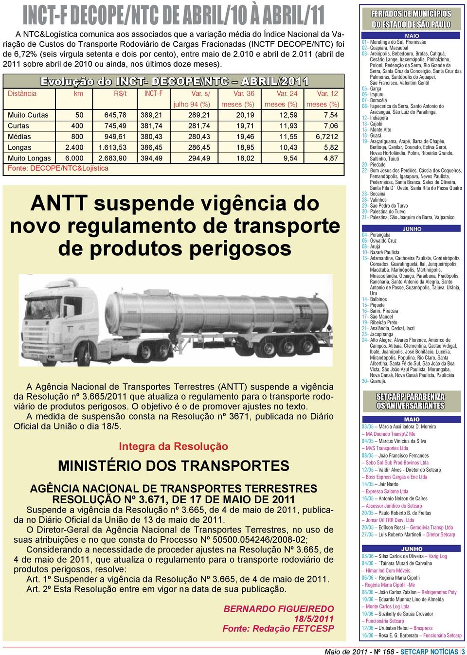 Evolução do INCT- DECOPE/NTC ABRIL/2011 Distância km R$/t INCT-F Var. s/ Var. 36 Var. 24 Var.