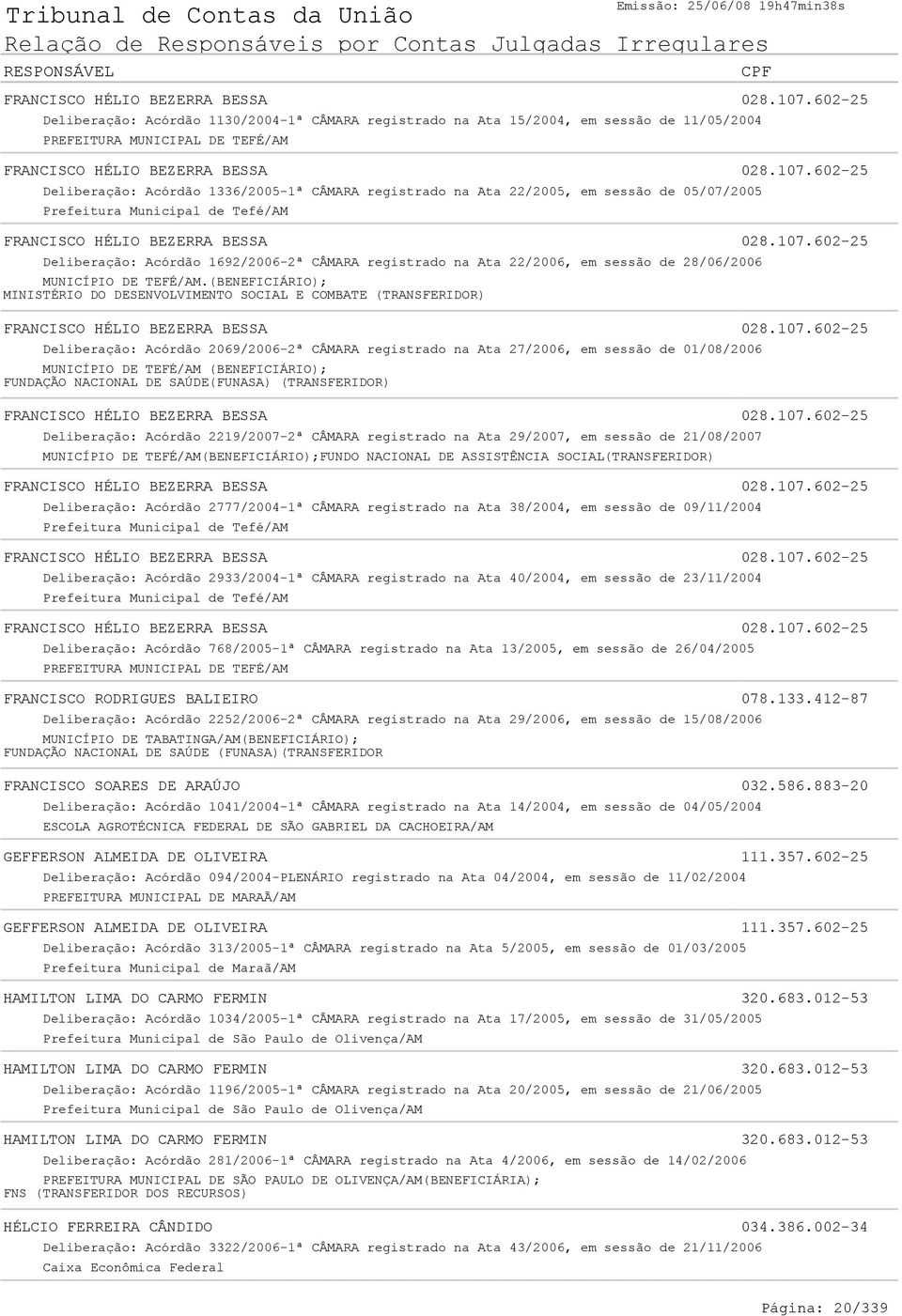 22/2005, em sessão de 05/07/2005 Prefeitura Municipal de Tefé/AM 602 25 Deliberação: Acórdão 1692/2006 2ª CÂMARA registrado na Ata 22/2006, em sessão de 28/06/2006 MUNICÍPIO DE TEFÉ/AM.